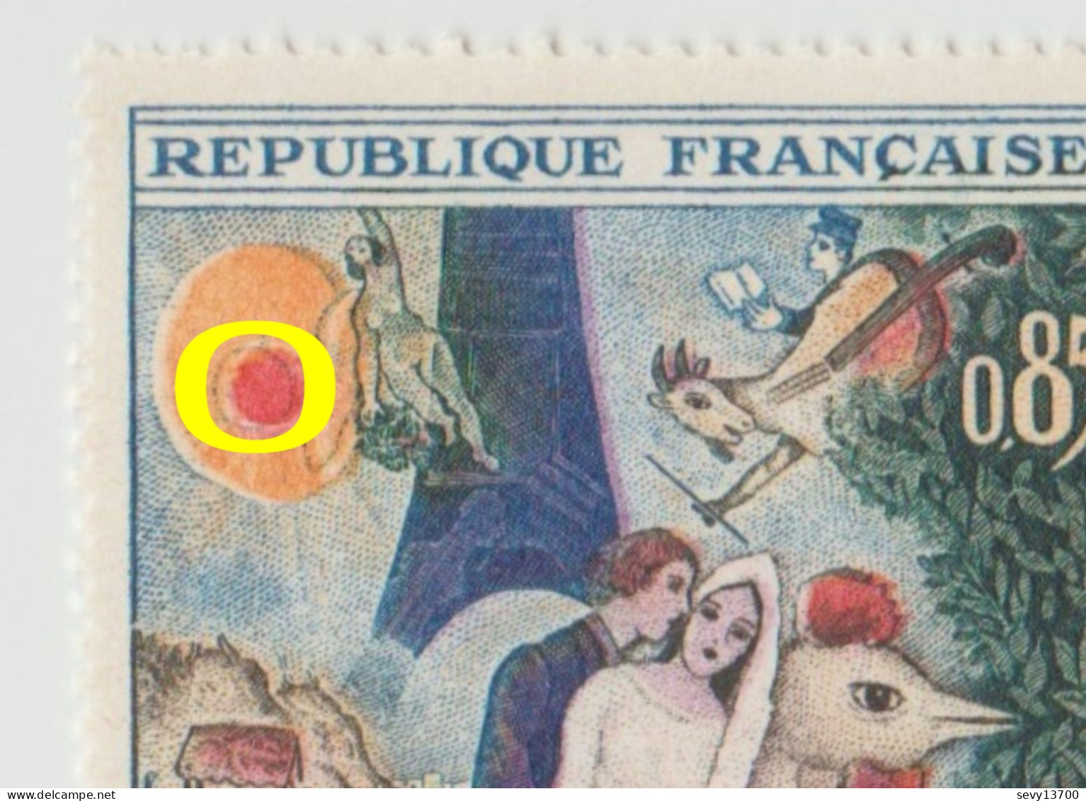 FRANCE Variété Sur 2 Timbres De 1963 YT 1398 Tableau M. Chagall - Croissant De Lune Dans Le Soleil - Décalage De Couleur - Ungebraucht