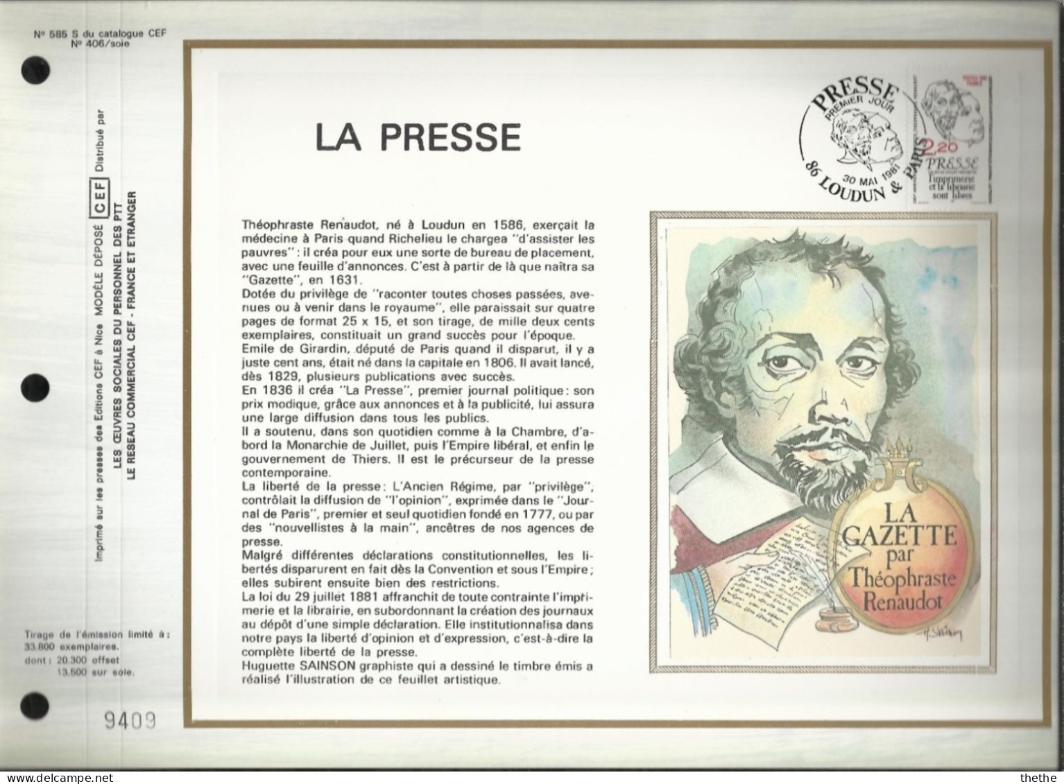 FRANCE -  La Presse - Portraits De T. Renaudot Et D'Emile De Girardin - N° 585 S Du Catalogue CEF - 1980-1989