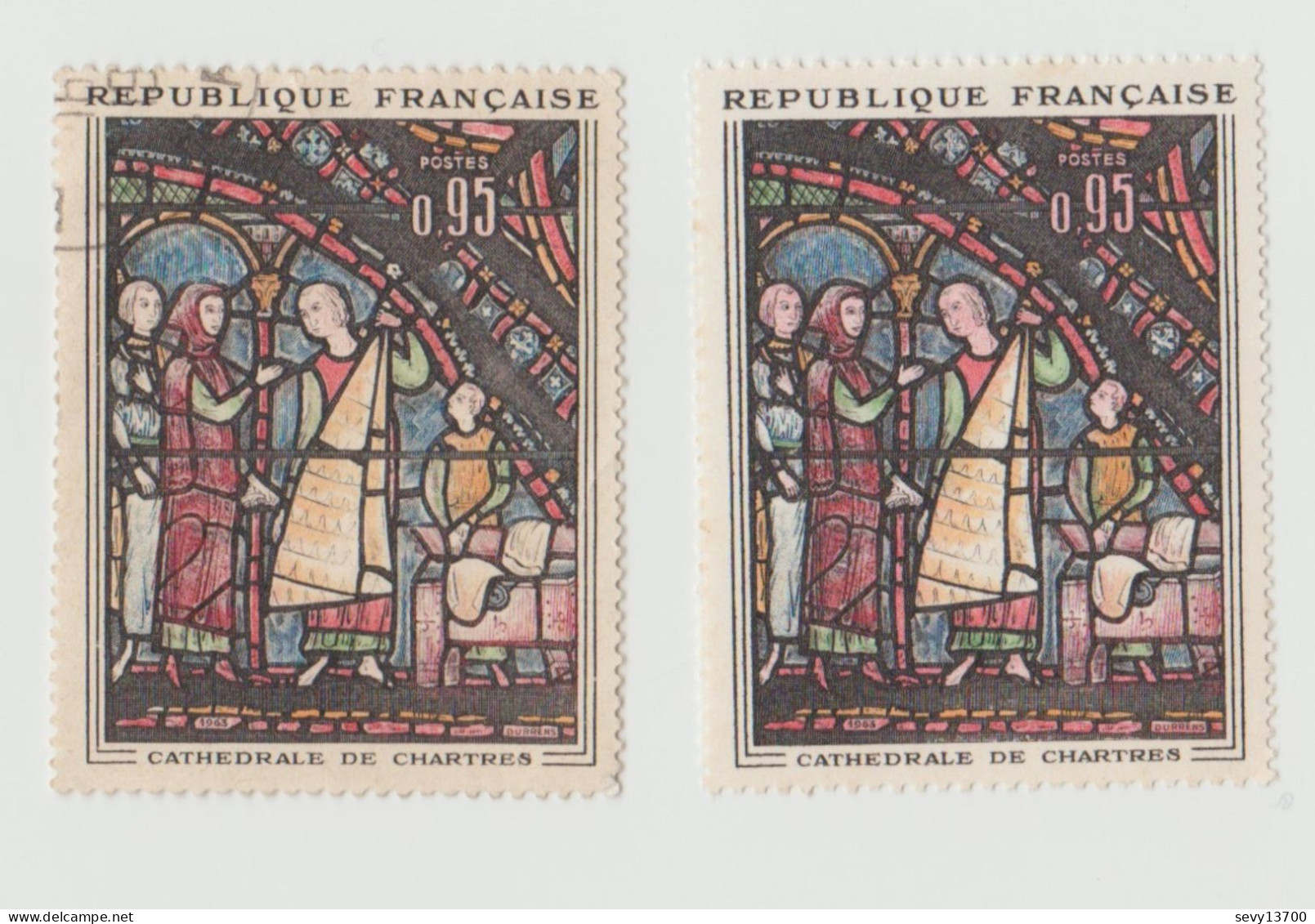 France 1963 2 Timbres YT N° 1399 Vitrail De La Cathédrale De Chartres Visage Des Personnages Rose Au Lieu De Blanc - Unused Stamps