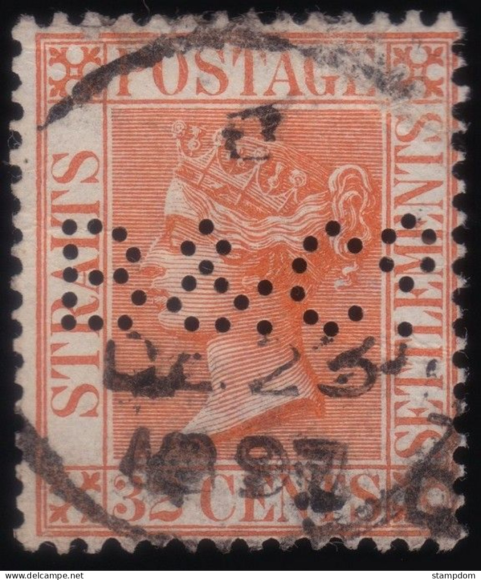 STRAITS SETTLEMENTS 1887 32c Wmk.CA Sc#56 Perfin "B & Co" - USED @N503 - Straits Settlements