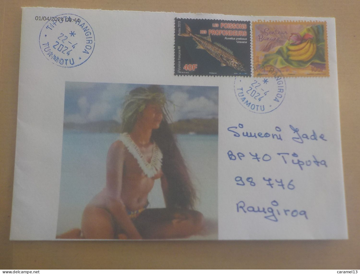 A SAISIR - POLYNESIE FSE TAHITI - VAHINE SEINS NUS - ENVELOPPE TIMBREE - MARCOPHILIE CACHET POSTAL BLEU TIPUTA TUAMOTU - Brieven En Documenten