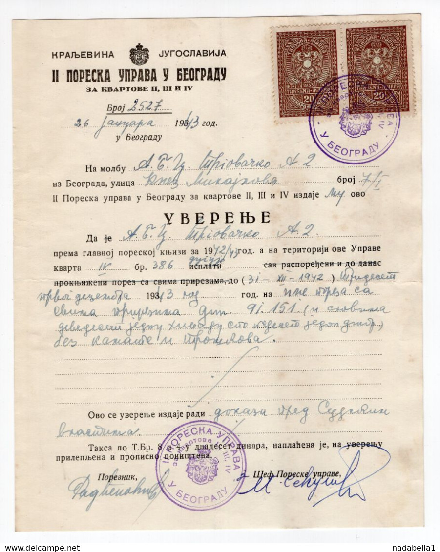 1943. SERBIA,BELGRADE,KINGDOM OF YUGOSLAVIA REVENUE OFFICE,TAX DEBT CERTIFICATE FOR COURT USE,2 STATE REVENUE STAMPS - Serbia