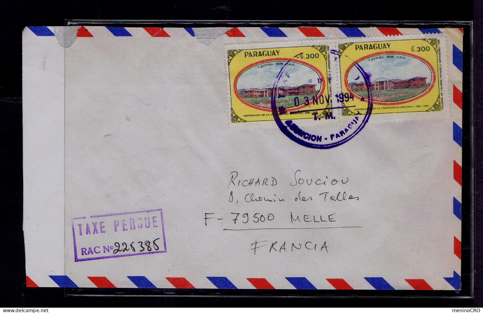 Gc8487 PARAGUAY Nat. University (1889-989) Future House U.N.A. Instruction Mailed 1994 Assuncion »Melle --- TAXE PERÇUE - Geneeskunde