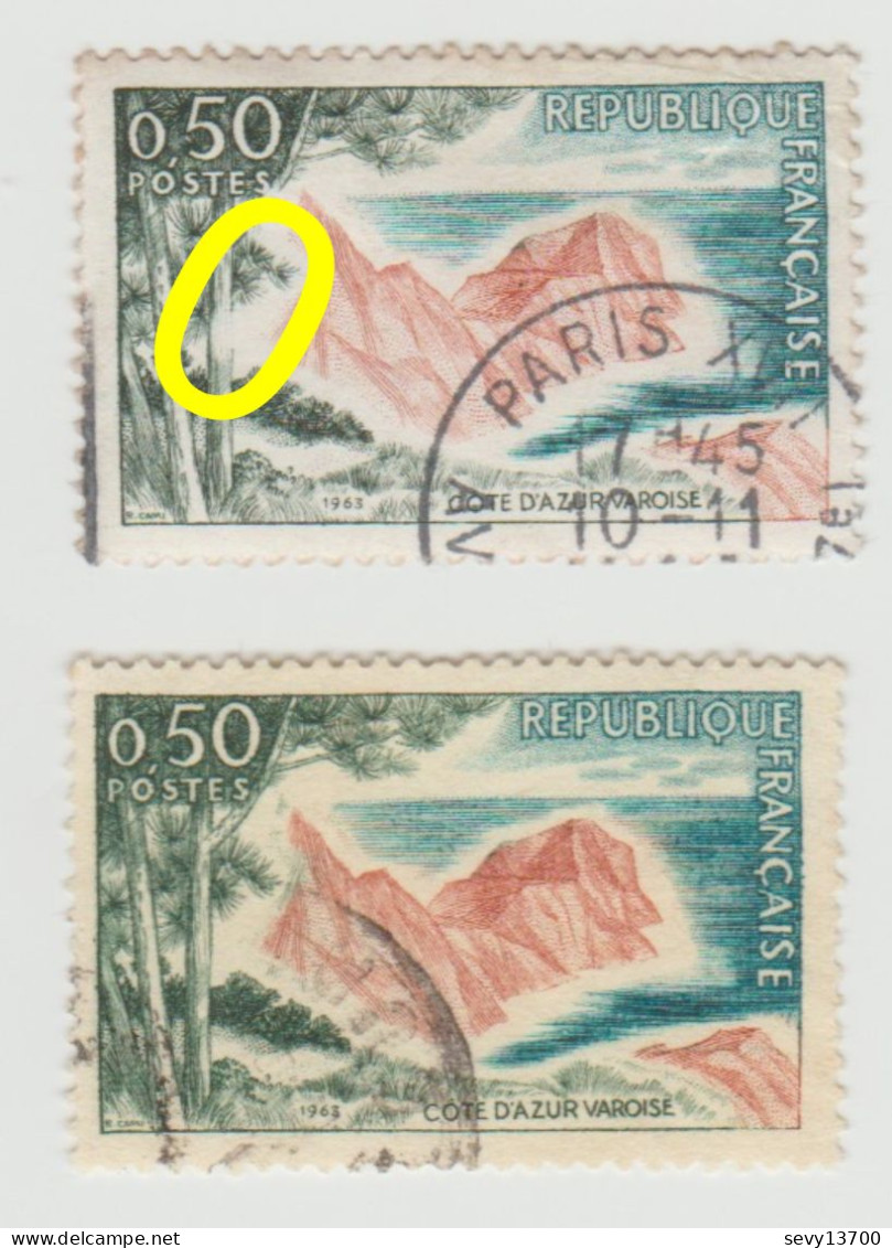 France 2 Timbres Oblitérés De 1963 YT 1391 Côte D'Azur Varoise Tronc De L'arbre Coupé Feuillage Plus Court - Used Stamps