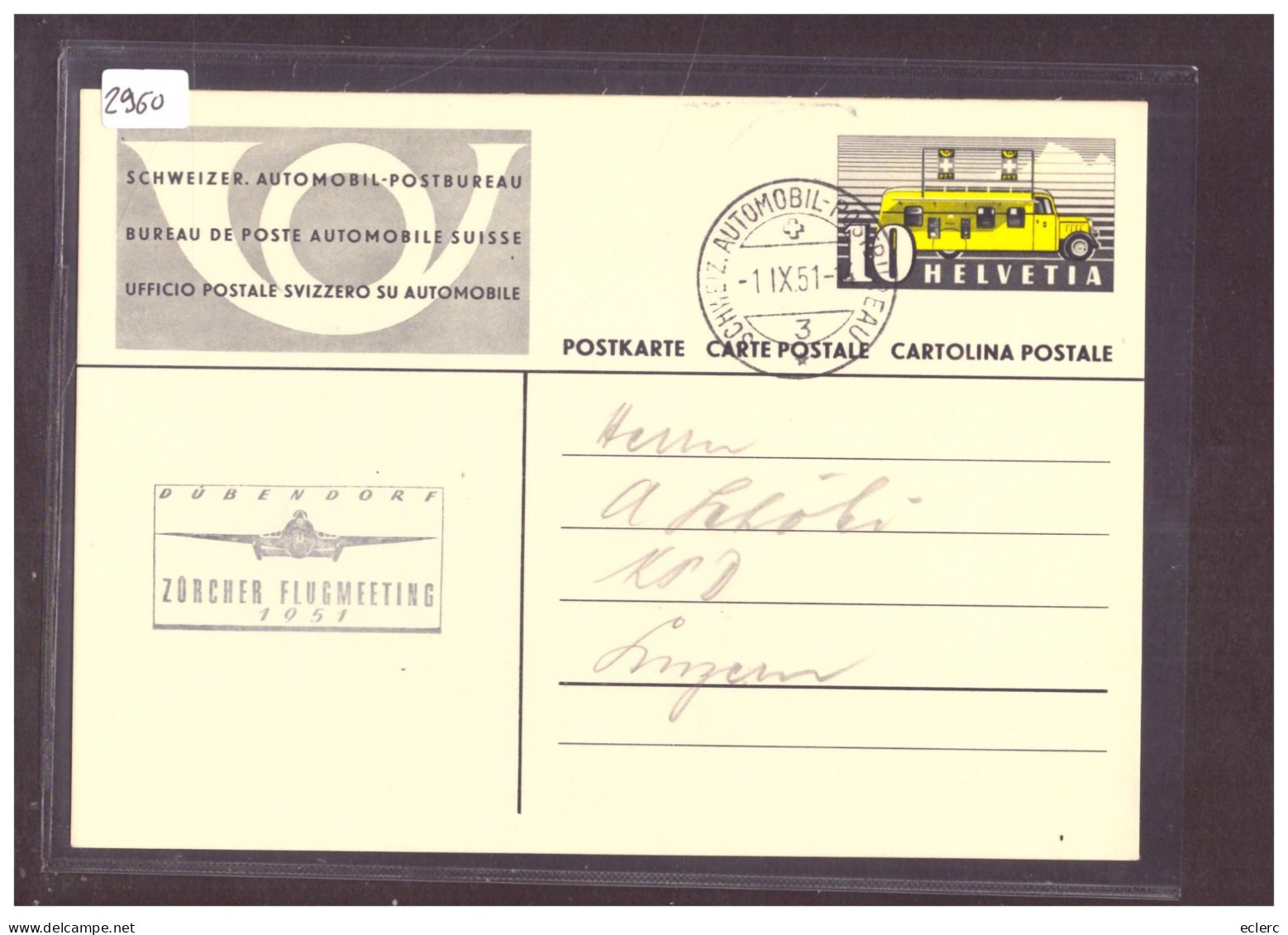 ENTIER POSTAL - ZÜRICH DÜBENDORF - FLUGMEETING 1951 - SCHWEIZ. AUTOMOBIL POSTBUREAU - GANZSACHE - TB - Stamped Stationery