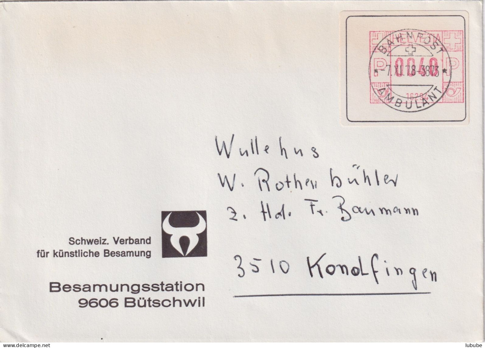 Motiv Brief  "Schweiz.Verband Für Künstliche Besamung, Bütschwil"      1978 - Cartas & Documentos