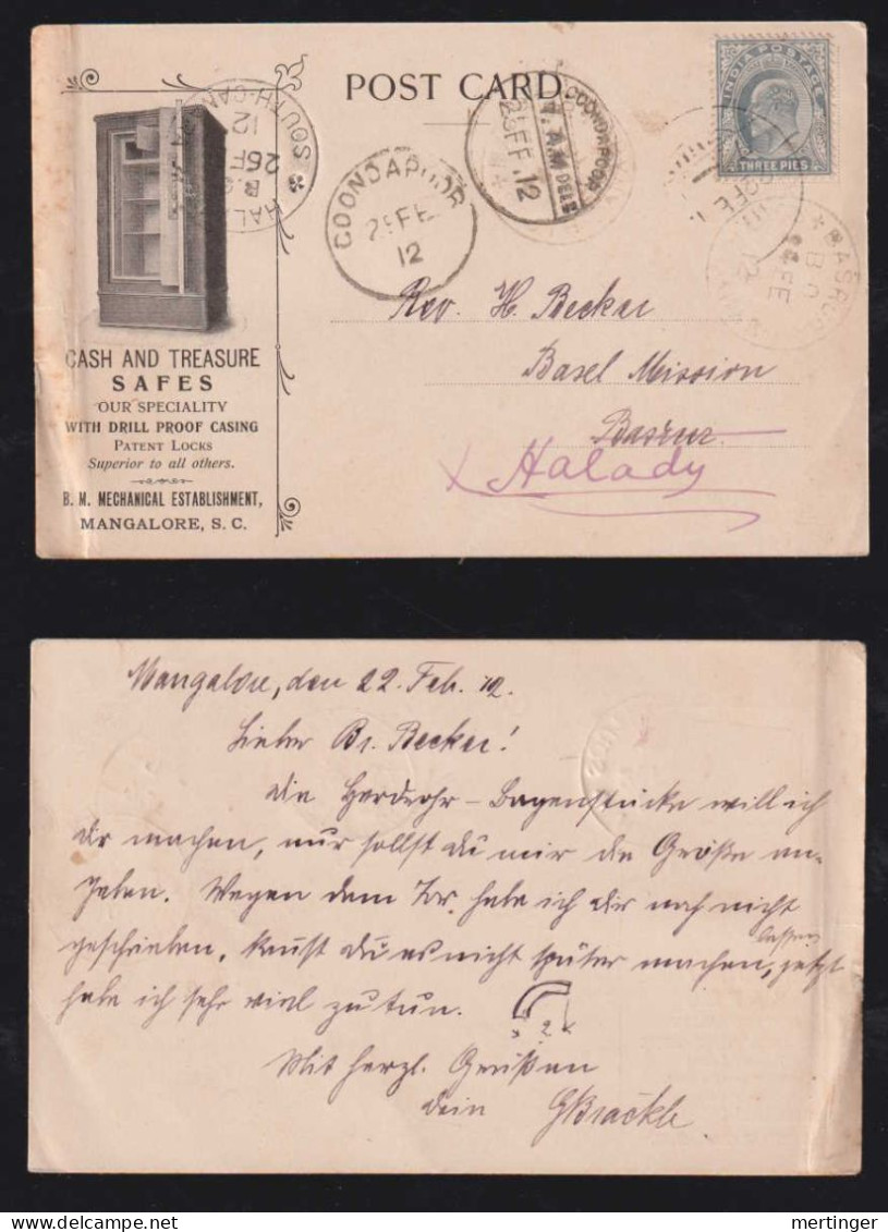 India 1912 Advertising Postcard MANGALORE X BASRUR Forw. HALADY Safes - 1911-35 King George V