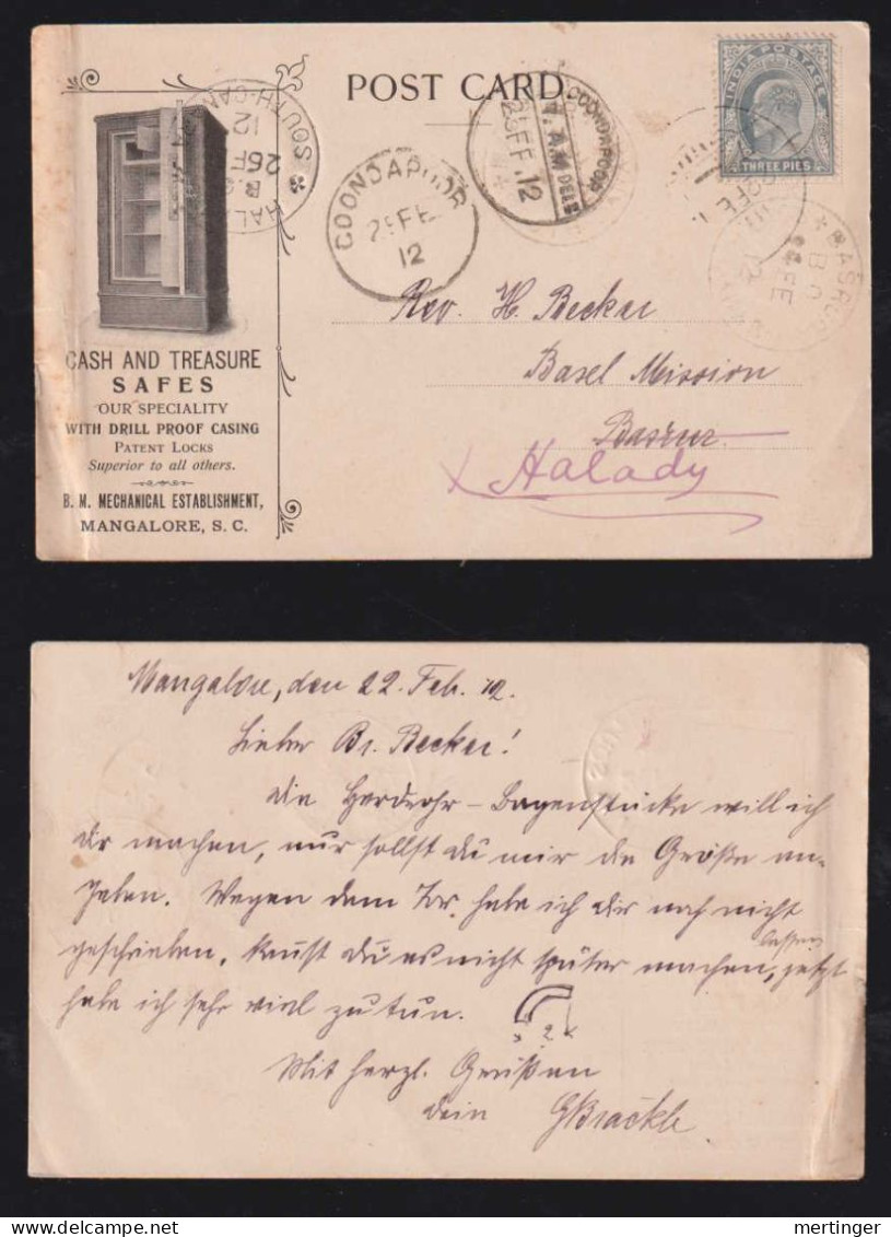 India 1912 Advertising Postcard MANGALORE X BASRUR Forw. HALADY Safes - 1911-35 Roi Georges V