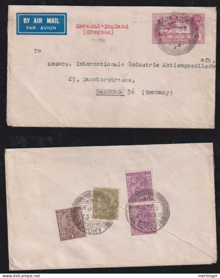 India 1932 Uprated Airmail Stationery Envelope LAHORE X HAMBURG Germany Via KARACHI - 1911-35 Roi Georges V