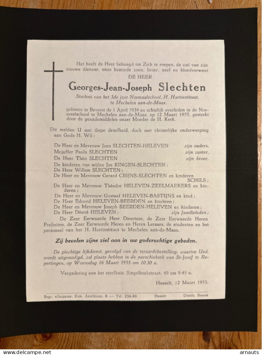 Georges Slechten Student Normaalschool H.Hartinstituut *1934 Beverst +1955 Mechelen-aan-de-Maas Kingen Crijns Rapertinge - Décès