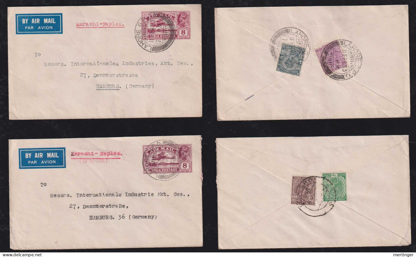 India 1933 2 Uprated Airmail Stationery Envelope LAHORE X HAMBURG Via NAPLES Germany - 1911-35 Koning George V