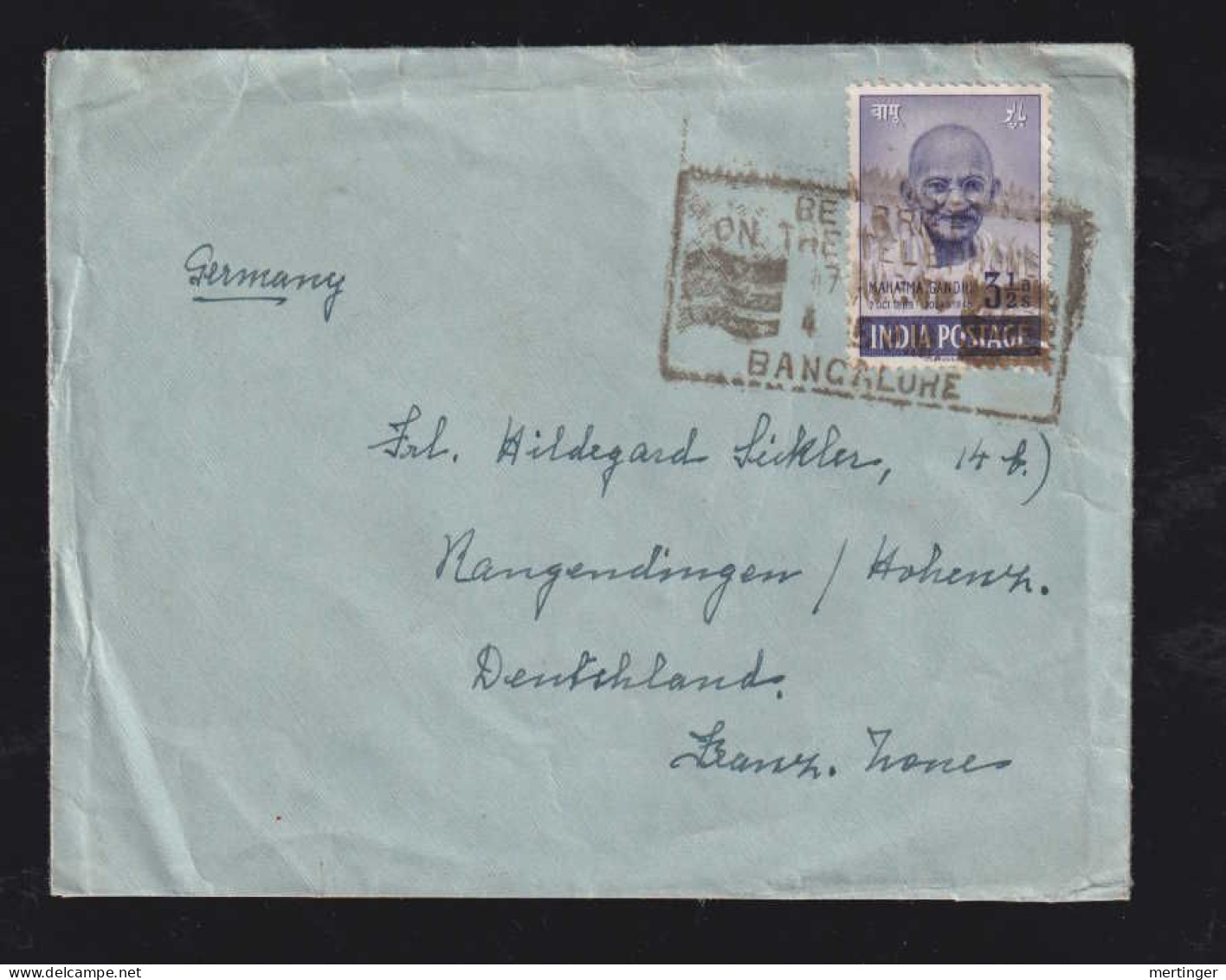 India 1949 Cover BANGALORE X RANGENDINGEN 3 ½A Gandhi Stamp - Brieven En Documenten