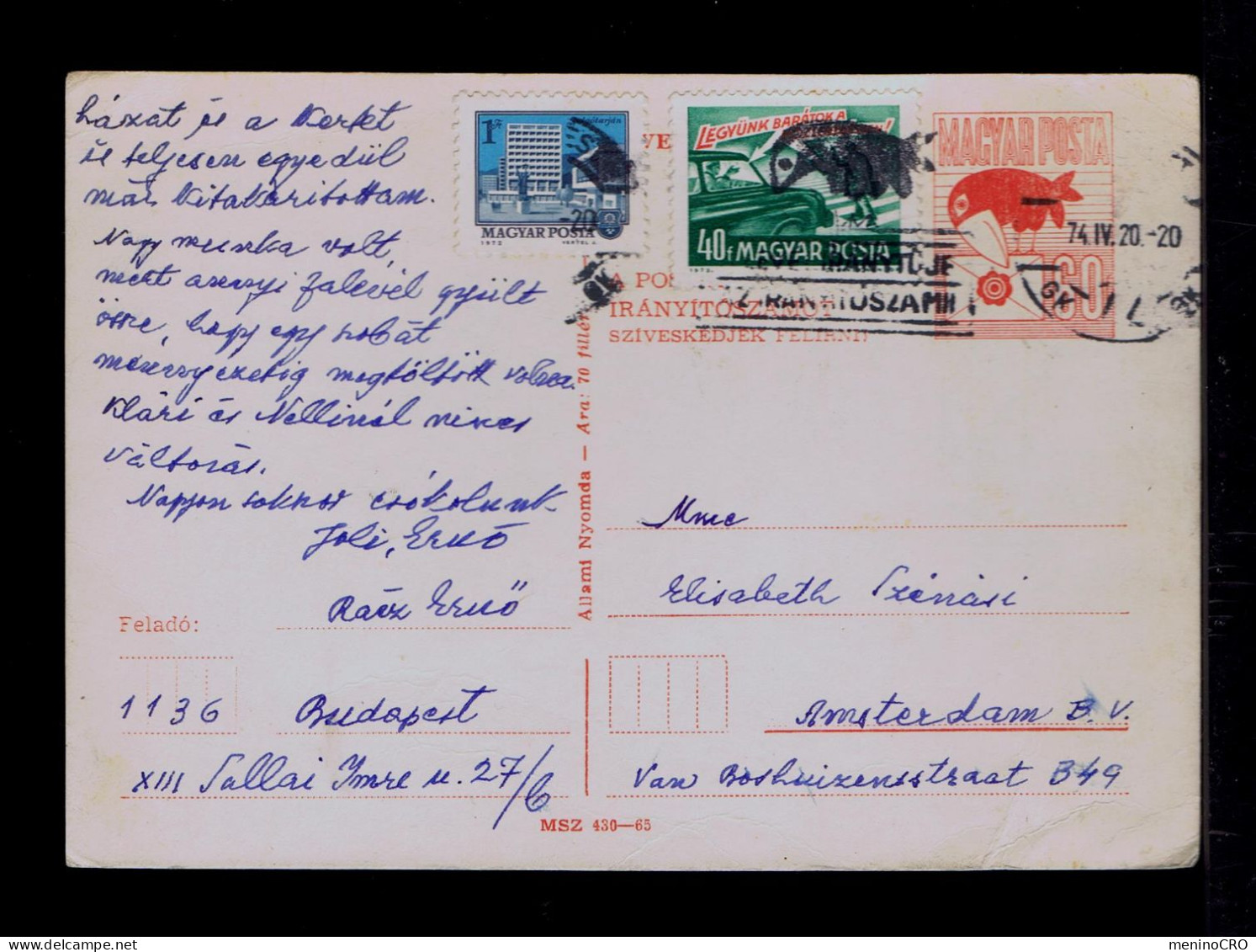 Gc8488 HUNGARY Driving Cars Let's Be Friends Postal Stationery Birds Oiseaux Slogan Pmk Mailed 1974 Amsterdam - Accidents & Sécurité Routière