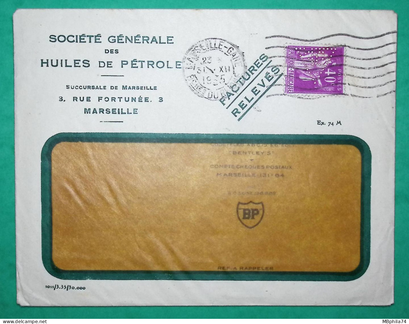 N°281 PAIX PERFORE SOCIETE GENERALE DES HUILES DE PETROLE MARSEILLE BOUCHES DU RHONE POUR MEZEL BASSES ALPES 1935 FRANCE - Covers & Documents