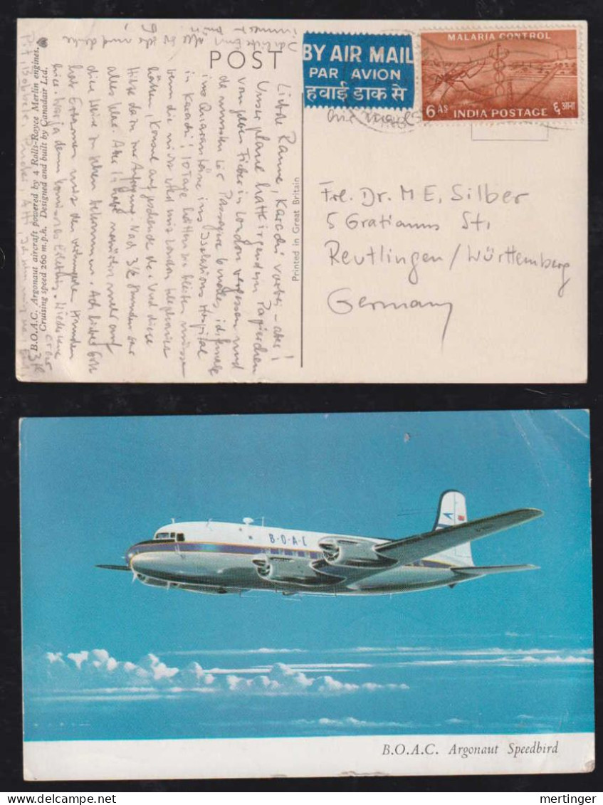 India 1959 Picture Postcard To REUTLINGEN Germany B.O.A.C Argonaut Speedbird Airplane - Covers & Documents