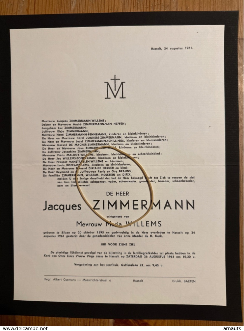 Jacques Zimmermann Echtg Maria Willems *1895 Bilzen +1961 Hasselt Van Heffen Maldoy Roels Holstein De Herder Saels - Décès