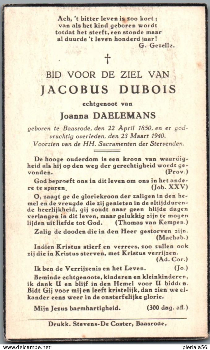 Bidprentje Baasrode - Dubois Jacobus (1850-1940) - Images Religieuses