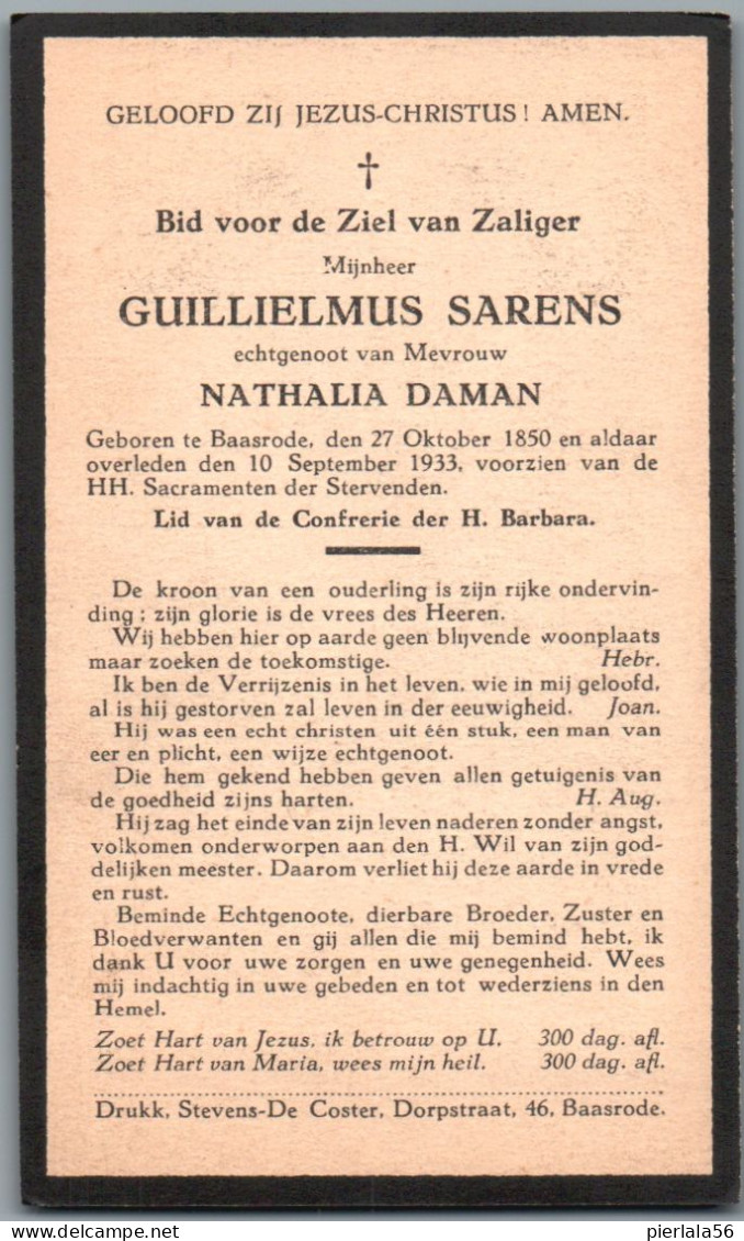 Bidprentje Baasrode - Sarens Guillielmus (1850-1933) - Images Religieuses