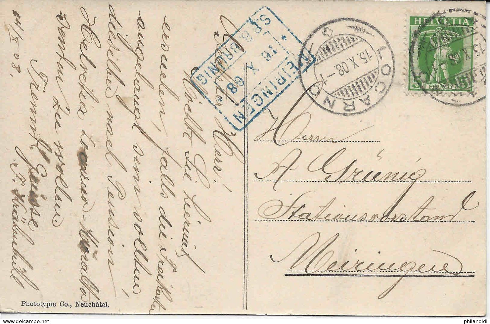 1908 BAHNPOST BAHNHOF STEMPEL MEIRINGEN - S.B.B. BRÜNIG, Sur Carte Locarno Ticino Il Porto, Cachet De Gare - Bahnwesen
