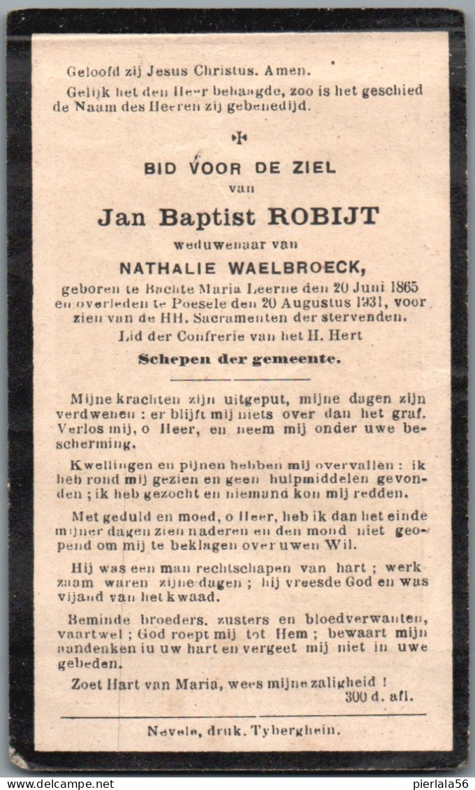 Bidprentje Bachte-Maria-Leerne - Robijt Jan Baptist (1865-1931) - Images Religieuses