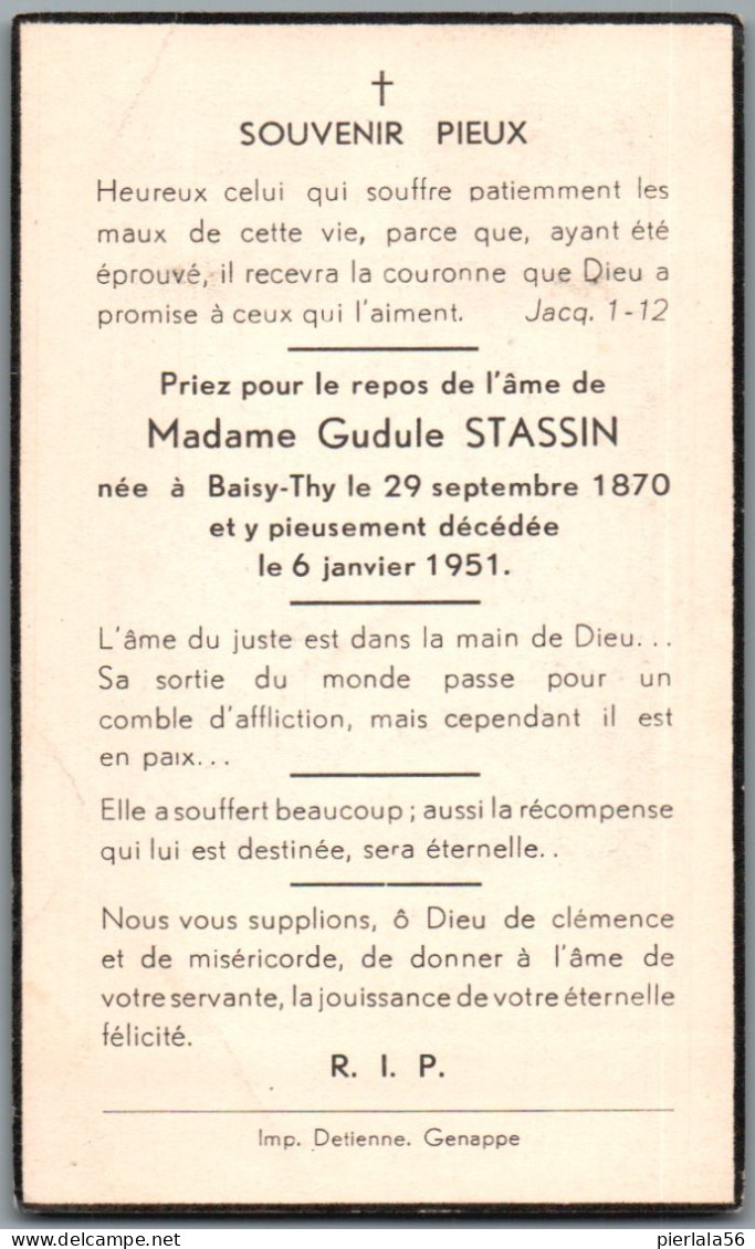 Bidprentje Baisy-Thy - Stassin Gudule (1870-1951) - Images Religieuses