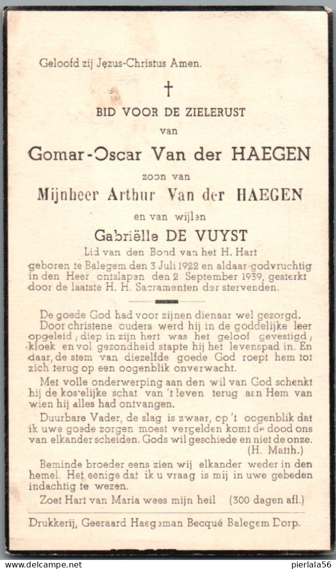 Bidprentje Balegem - Van Der Haegen Gomar Oscar (1922-1939) - Images Religieuses