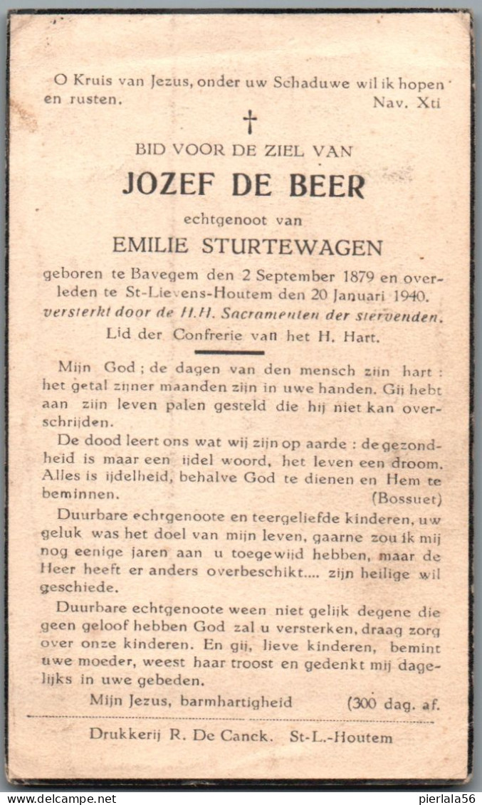 Bidprentje Bavegem - De Beer Jozef (1879-1940) - Santini