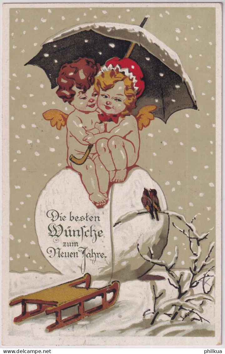 Die Besten Wünsche Zum Neuen Jahre - Kinder Engel Schlitten Schirm Schneeball - Gelaufen 1926 Ab Bern - Nouvel An