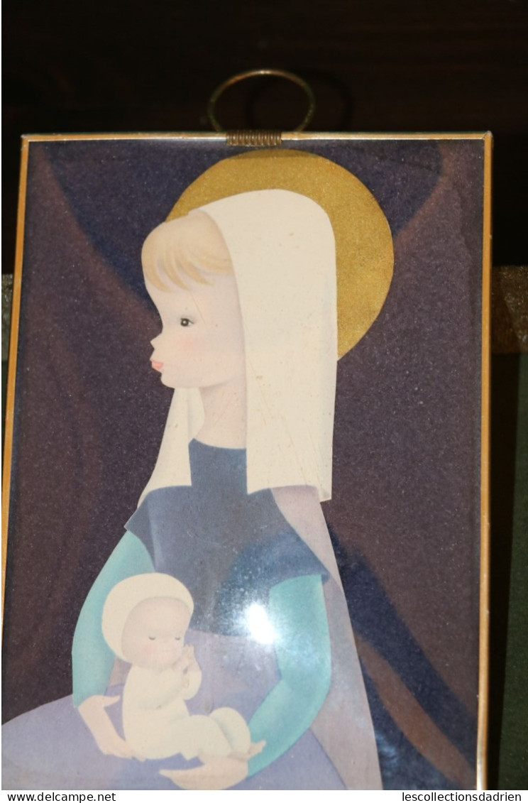 Petit cadre sous verre bombé de la Vierge à l'Enfant - années 60 de chez Artilux - vintage religious frame