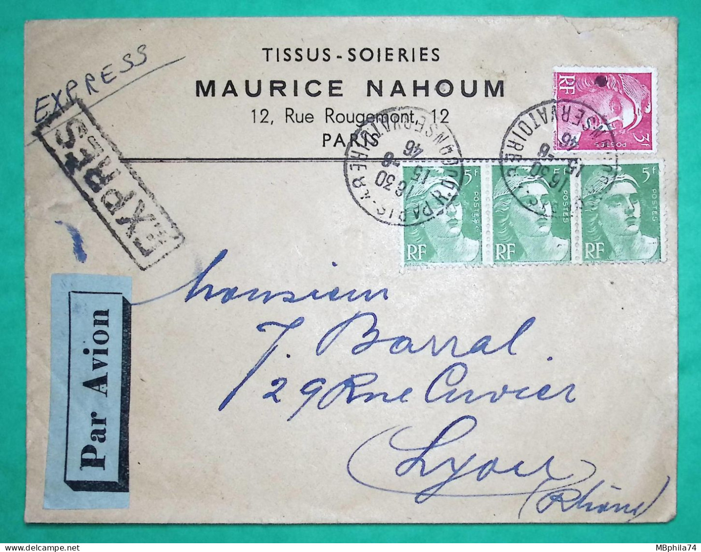 N°716 + 719 X3 MARIANNE DE GANDON LETTRE PAR AVION EXPRES PARIS POUR LYON 1946 COVER FRANCE - 1927-1959 Storia Postale