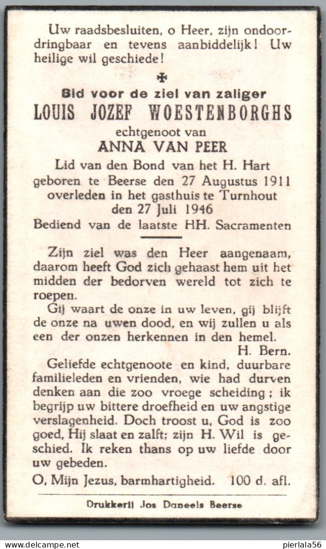 Bidprentje Beerse - Woestenborghs Louis Jozef (1911-1946) - Images Religieuses