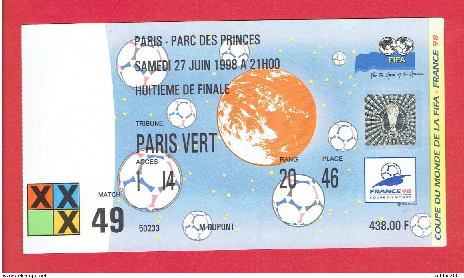 COUPE DU MONDE DE LA FIFA FRANCE 98 BILLET D ENTREE PARIS PARC DES PRINCES 27 JUIN 1998 FOOTBALL MATCH BRESIL CHILI - Bekleidung, Souvenirs Und Sonstige