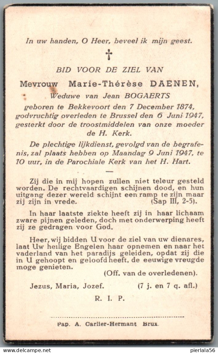 Bidprentje Bekkevoort - Daenen Marie Thérèse (1874-1947) - Images Religieuses