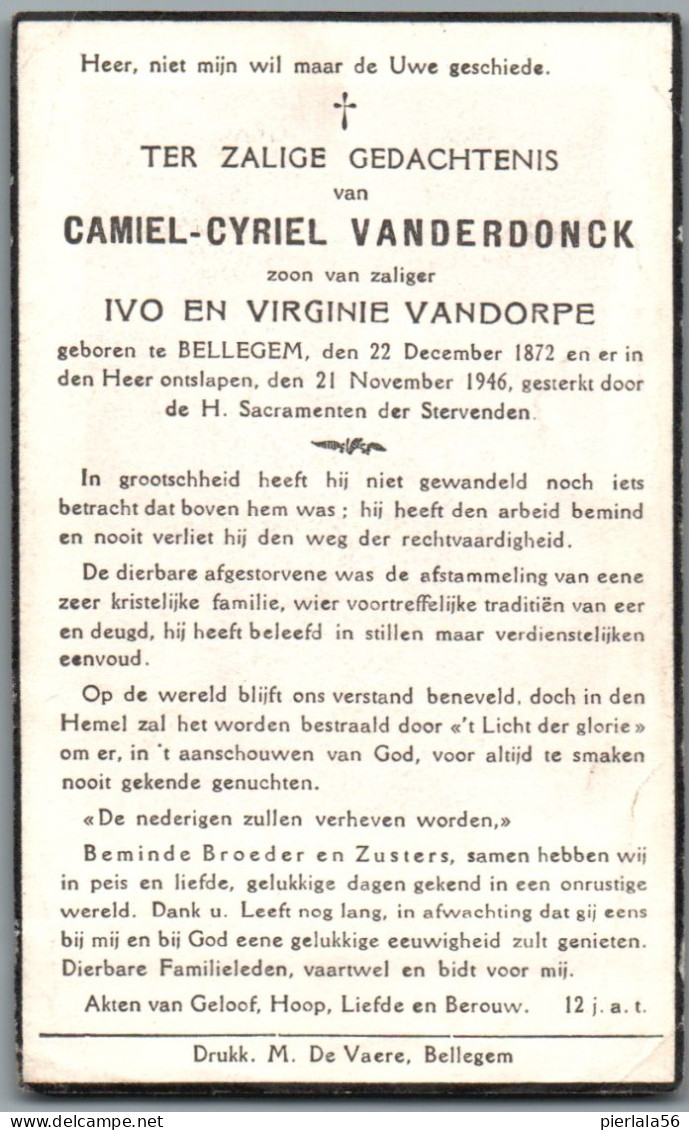 Bidprentje Bellegem - Vanderdonck Camiel Cyriel (1872-1946) - Images Religieuses