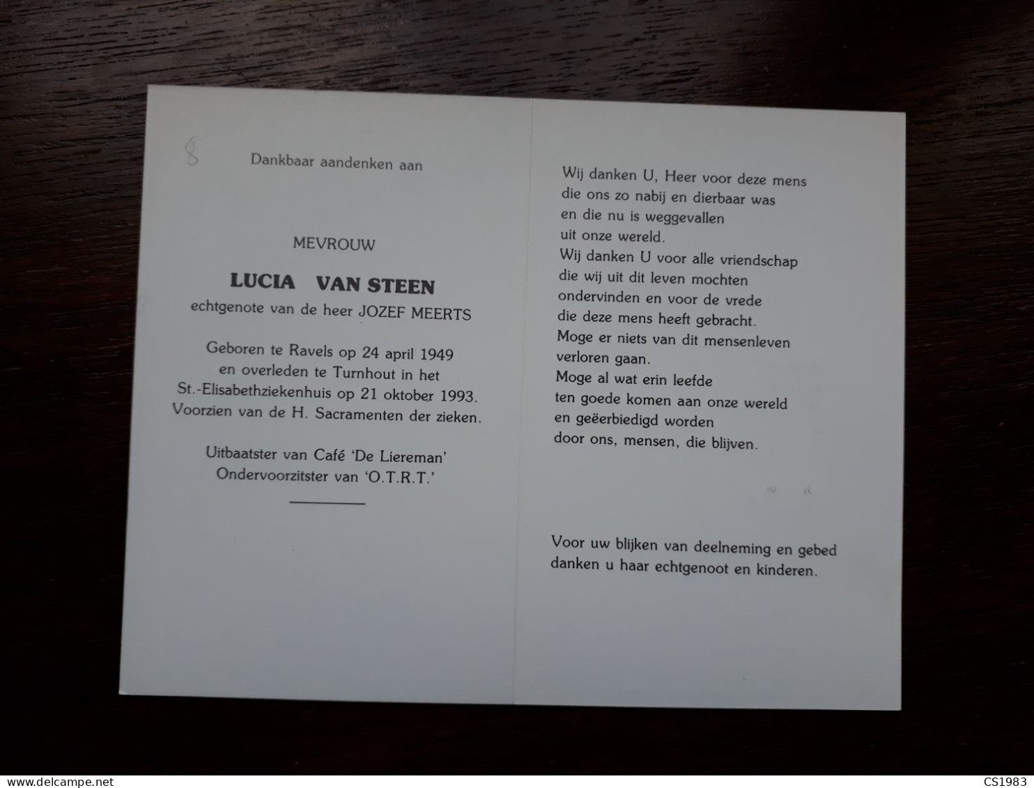 Lucia Van Steen ° Ravels 1949 + Turnhout 1993 X Jozef Meerts - Décès