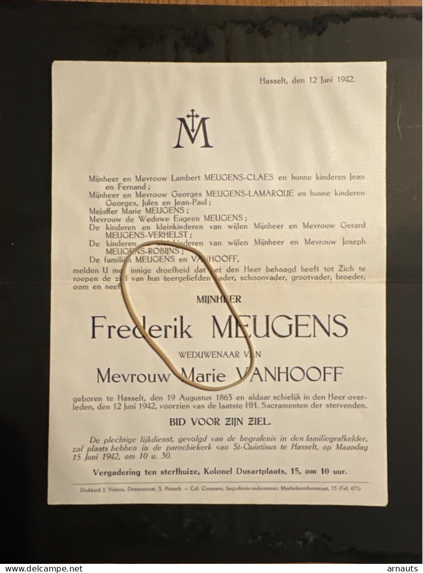 Frederik Meugens Wed Vanhooff Marie *1863 Hasselt +1942 Hasselt Lamarque Robijns Verhelst - Décès