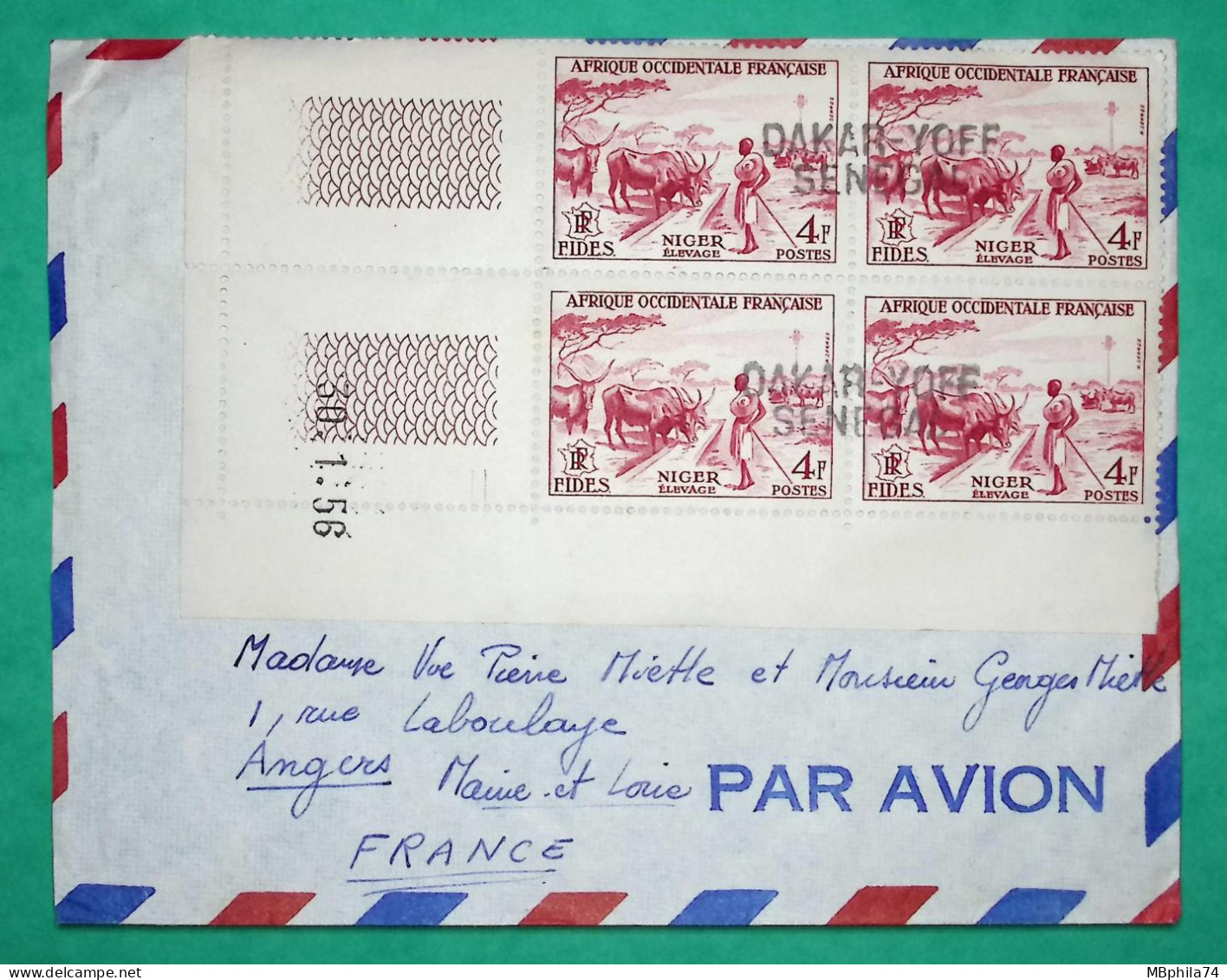 LETTRE PAR AVION DAKAR SENEGAL TIMBRES NIGER AOF BLOC DE 4 COIN DATE POUR ANGERS MAINE ET LOIRE 1956 COVER FRANCE - Cartas & Documentos