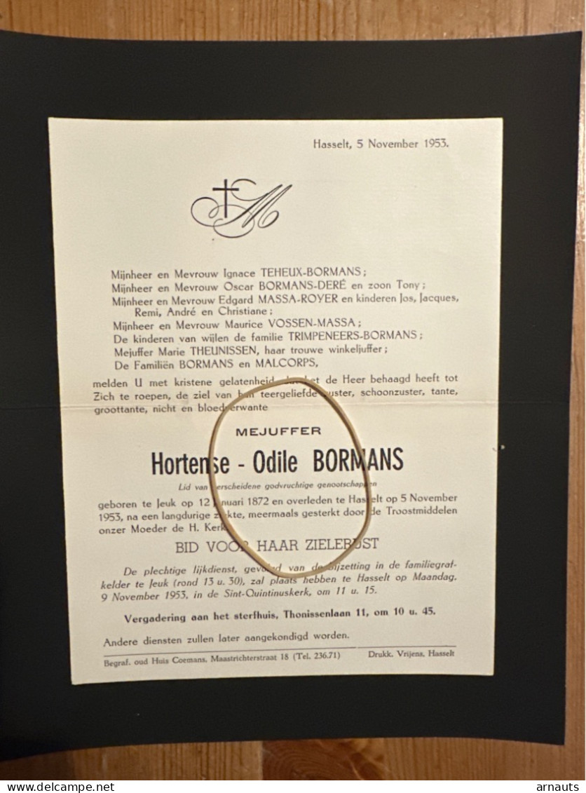 Mejuffer Hortense-Odile Bormans *1872 Jeuk +1953 Hasselt Malcorps Teheux Massa Royer Vossen Trimpeneers Theunissen - Décès