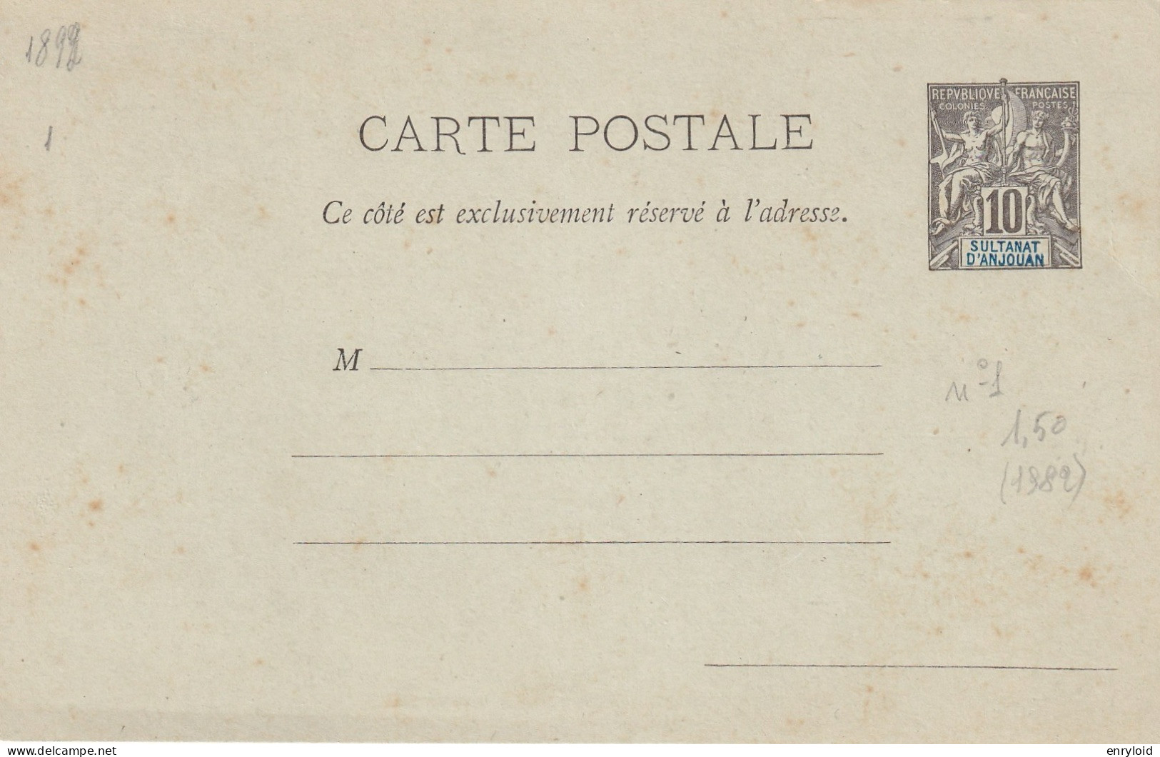 Sultanat D'anjouan Colonies Francaise Postes 10 C. Carte - Lettre - Ongebruikt