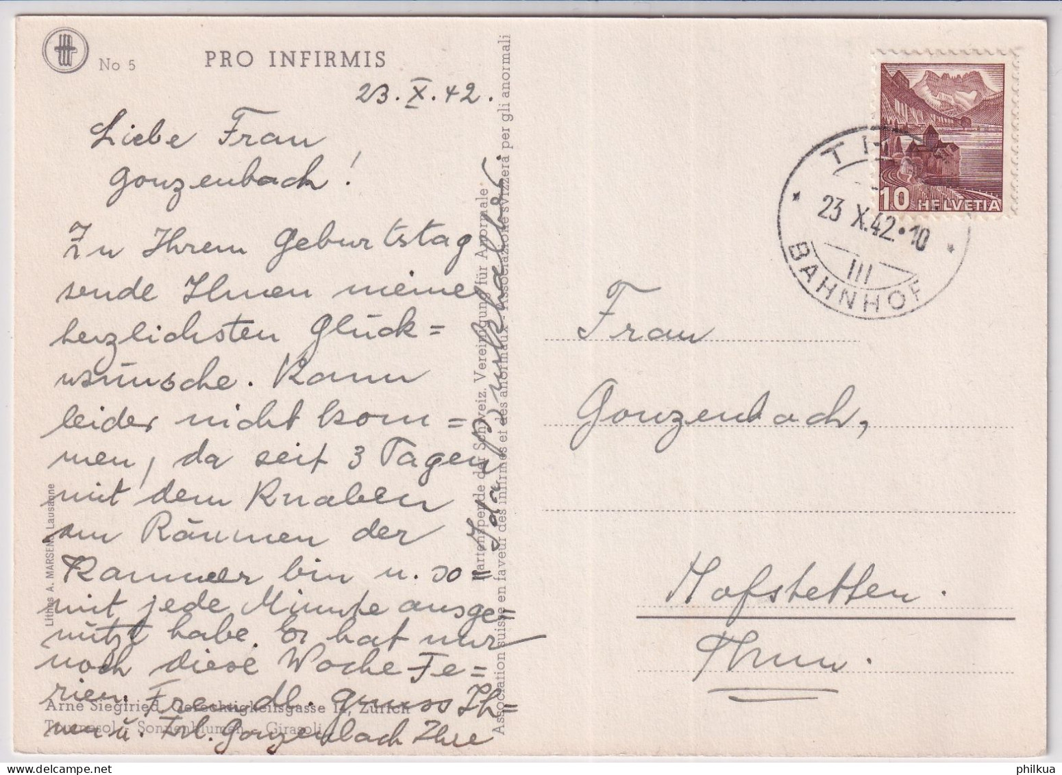Pro Infirmis Künstlerkarte - Arne Siegfried - Sonnenblumen - Gelaufen 1942 Ab Thun Bahnhof - Sonstige & Ohne Zuordnung