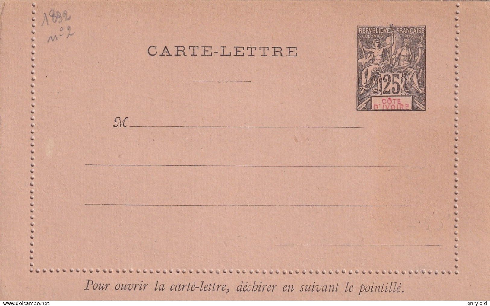 Cote D'Ivoire Colonies Francaise Postes 25 C. Carte - Lettre - Ongebruikt