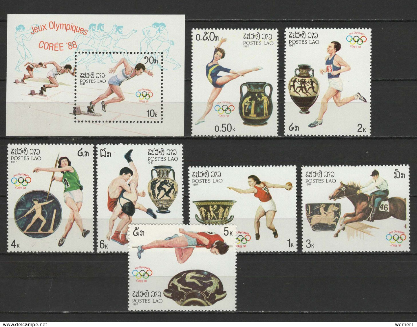 Laos 1987 Olympic Games Seoul, Athletics, Wrestling, Equestrian, Javelin Set Of 7 + S/s MNH - Verano 1988: Seúl