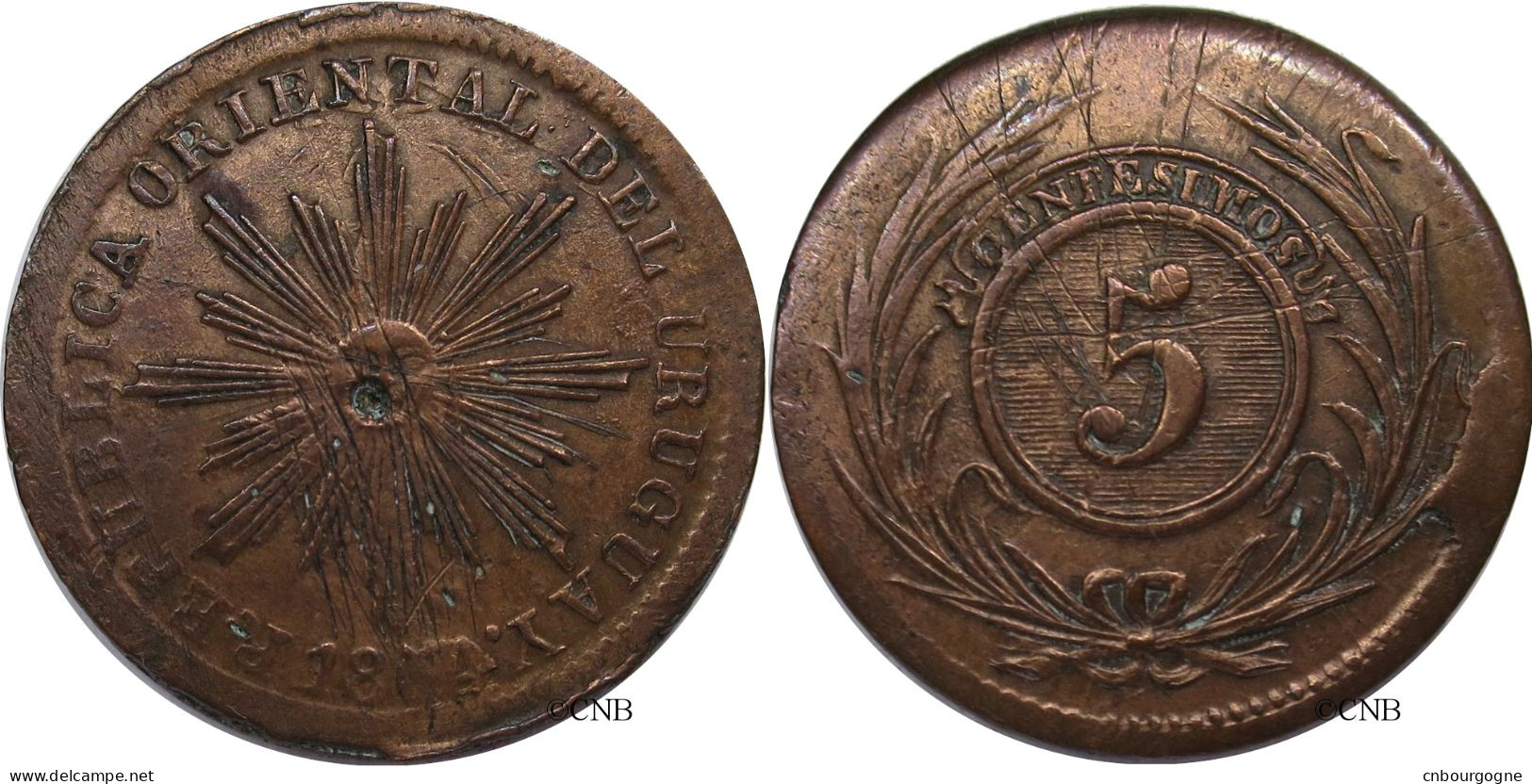 Uruguay - 5 Centesimos 1854/40 - TTB/XF40 FAUTÉE - Mon3737 - Uruguay