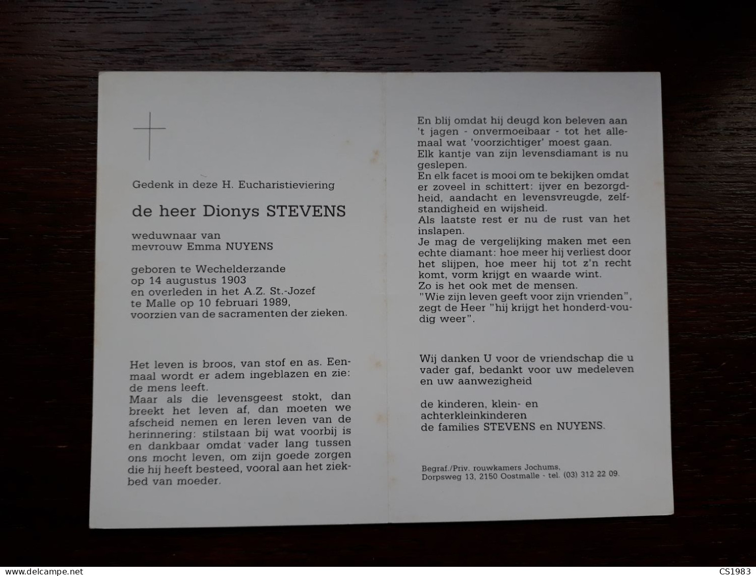 Dionys Stevens ° Wechelderzande 1903 + Malle 1989 X Emma Nuyens - Décès