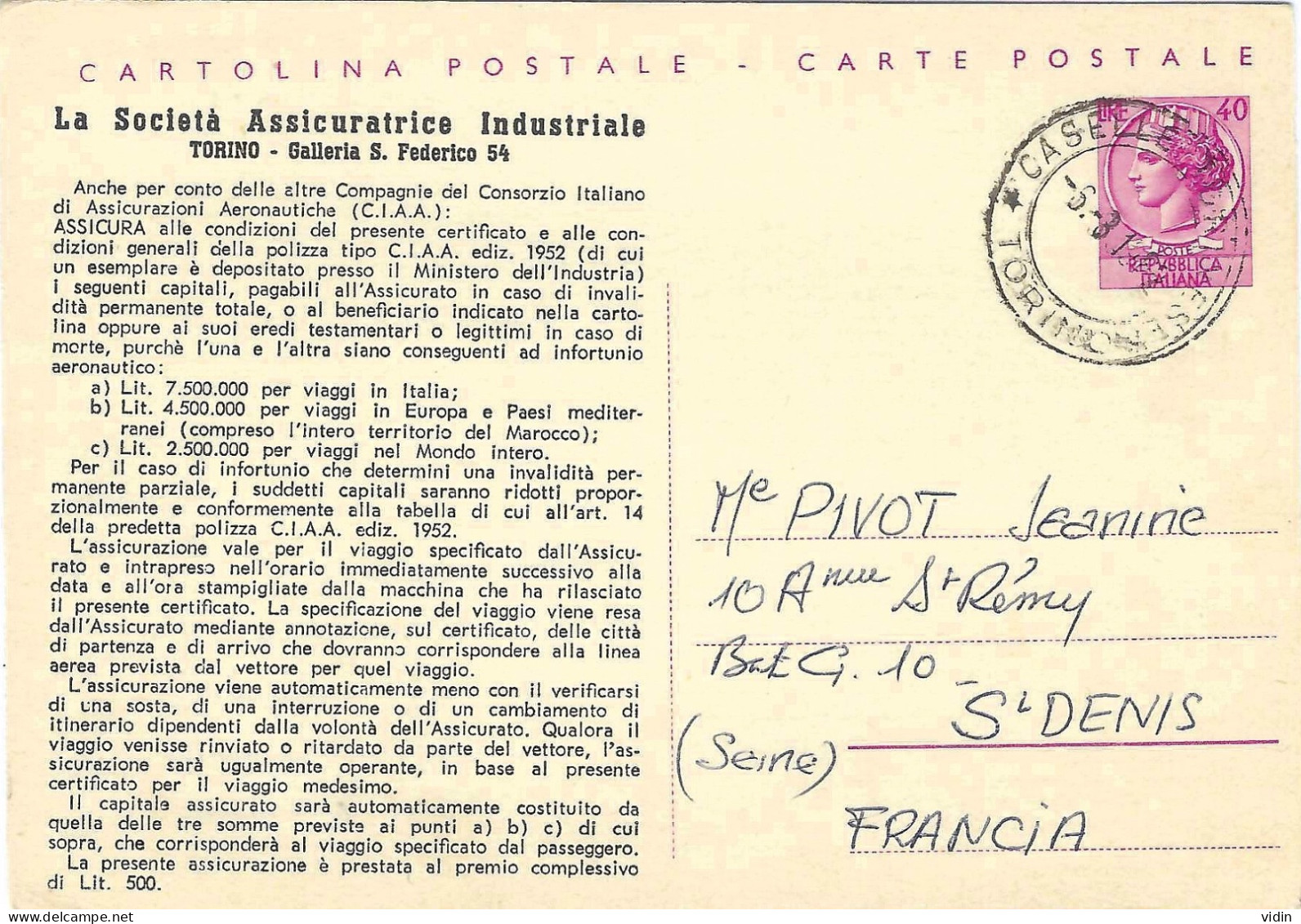 ITALIE ITALIA Cartolina Postale La Società Assicuratrice Industriale RRR - Interi Postali