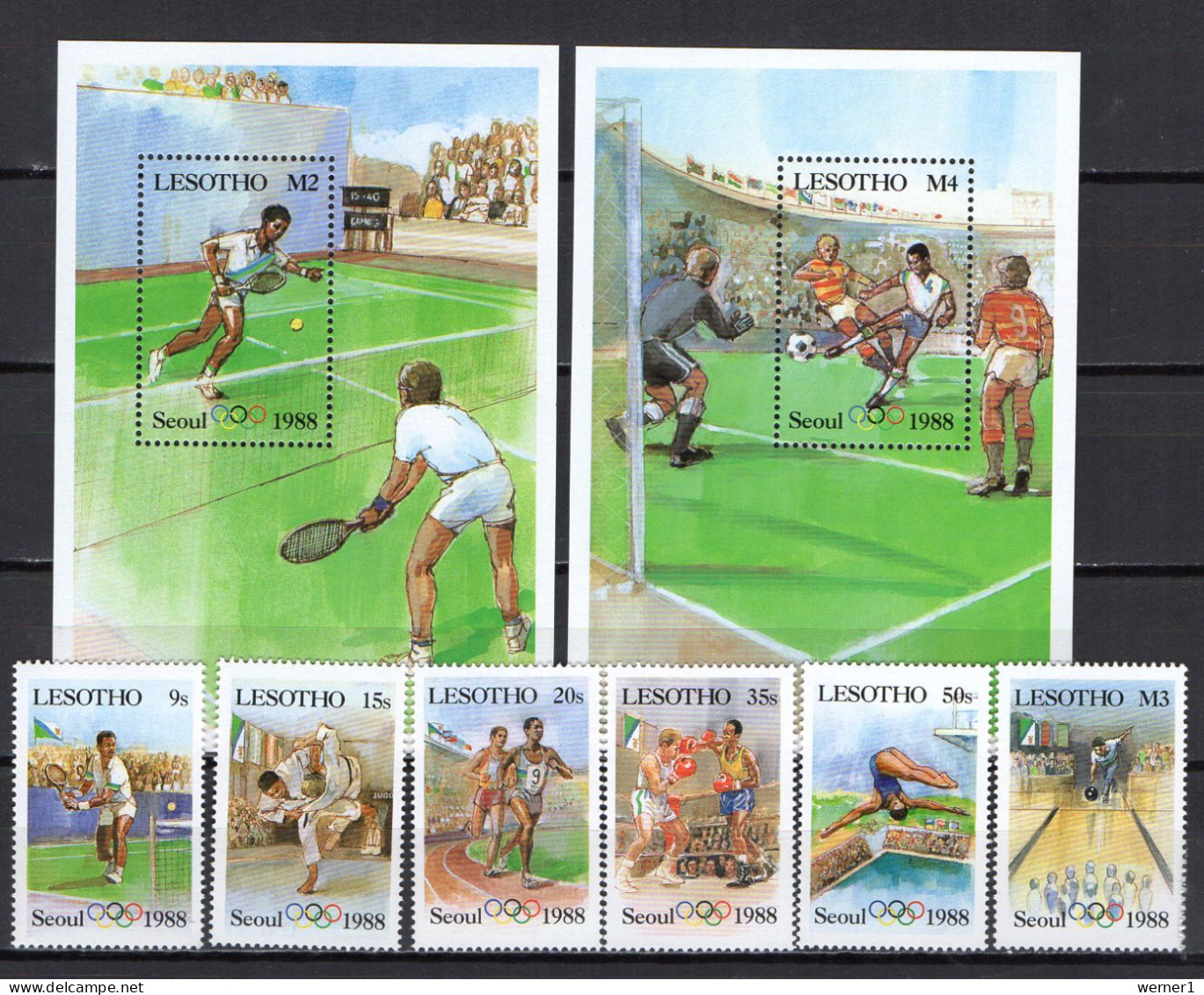 Lesotho 1987 Olympic Games Seoul, Football Soccer, Tennis, Judo, Etc. Set Of 6 + 2 S/s (wrong Flag) MNH - Zomer 1988: Seoel