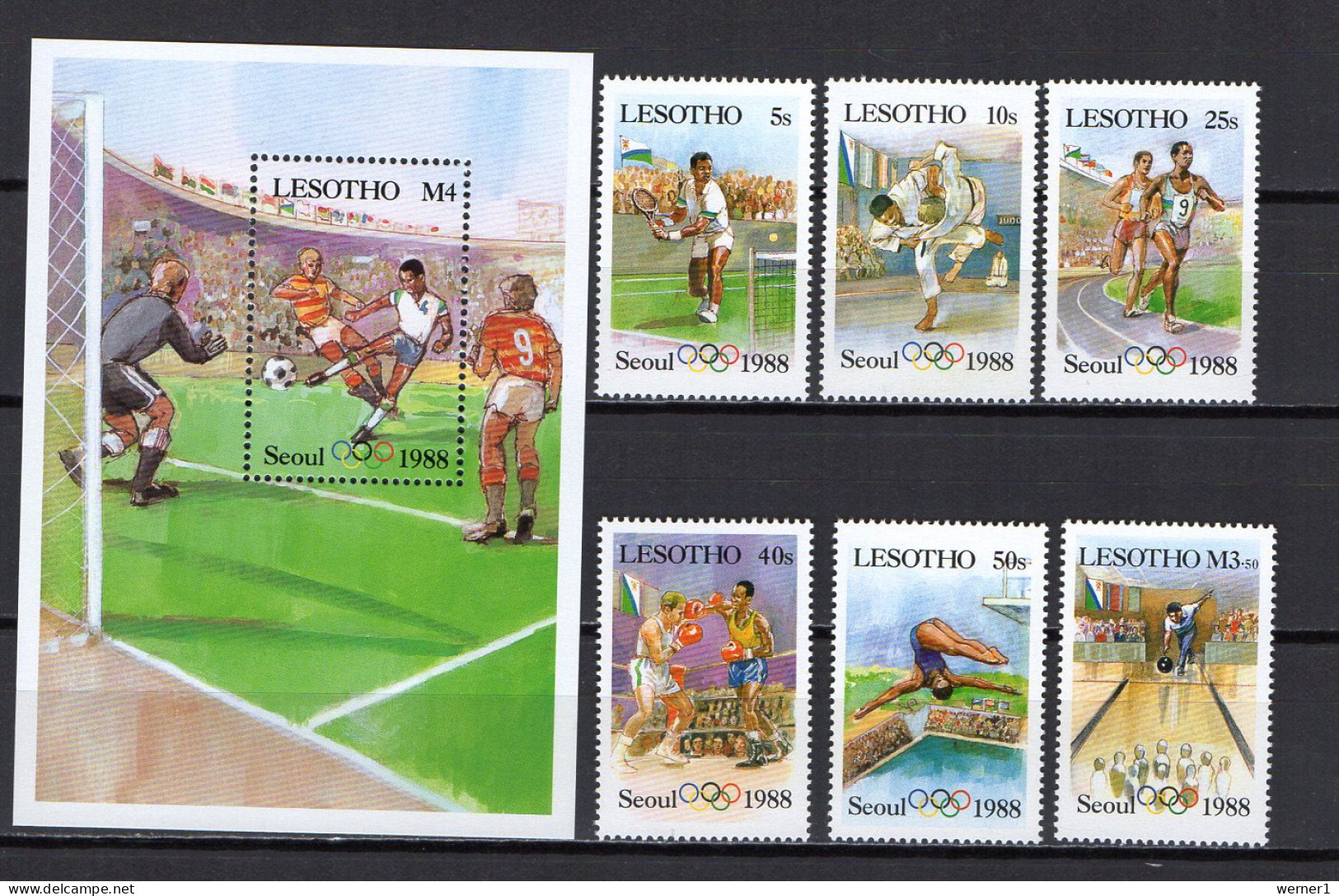 Lesotho 1987 Olympic Games Seoul, Football Soccer, Tennis, Judo, Etc. Set Of 6 + S/s (correct Flag) MNH - Verano 1988: Seúl