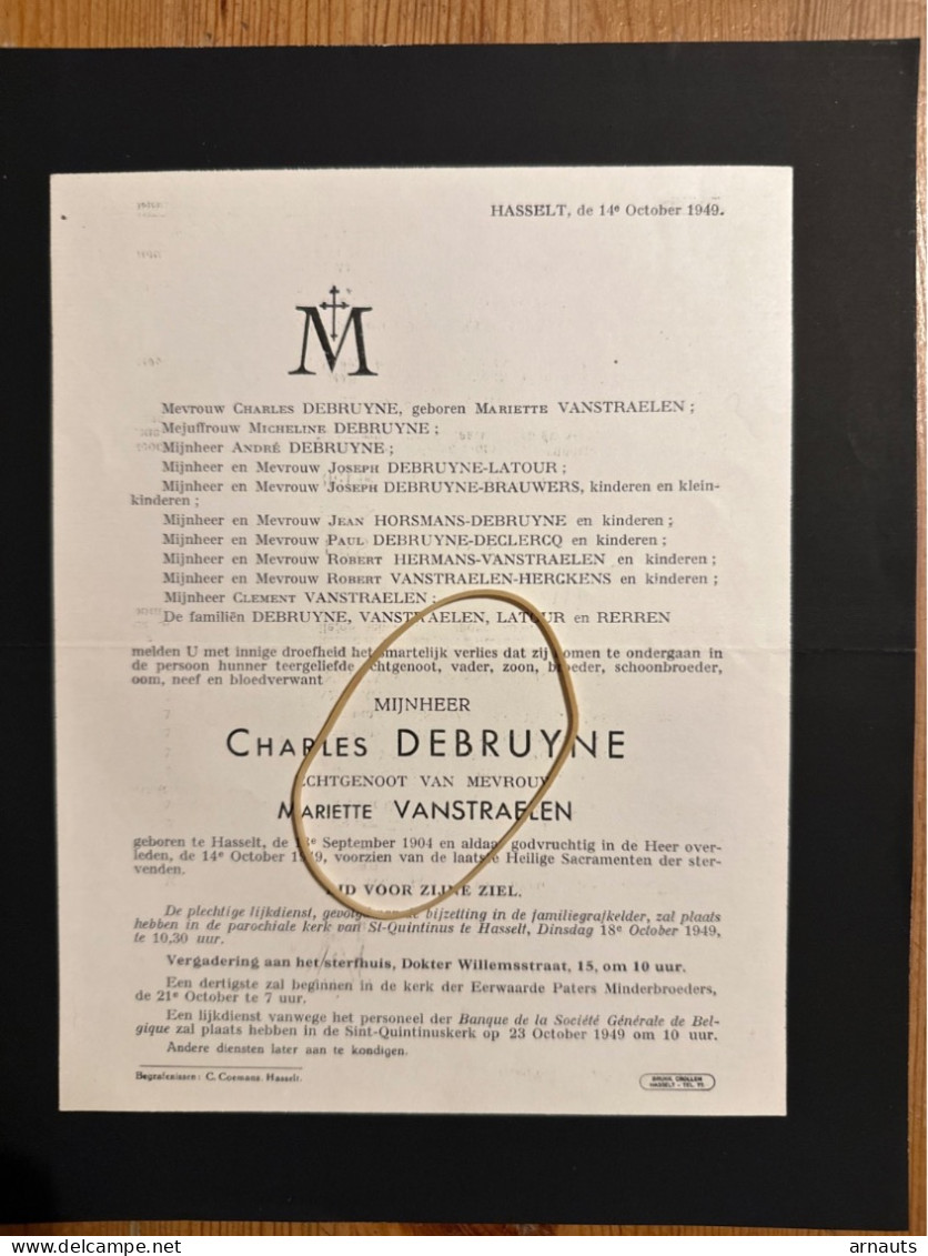 Mijnheer Charles Debruyne Echtg Vanstraelen Mariette *1904 Hasselt +1949 Hasselt Latour Rerren Brauwers Herckens - Décès