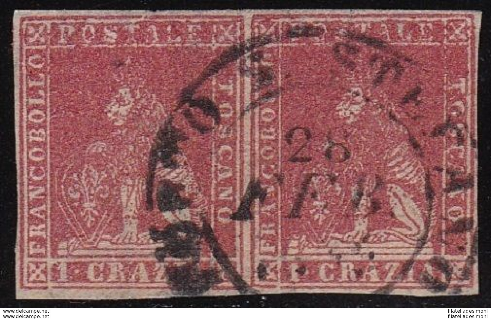 1857 TOSCANA, N° 12a 1 Cr. Carminio Chiaro  COPPIA USATA  Sigla A.Diena - Colla - Tuscany