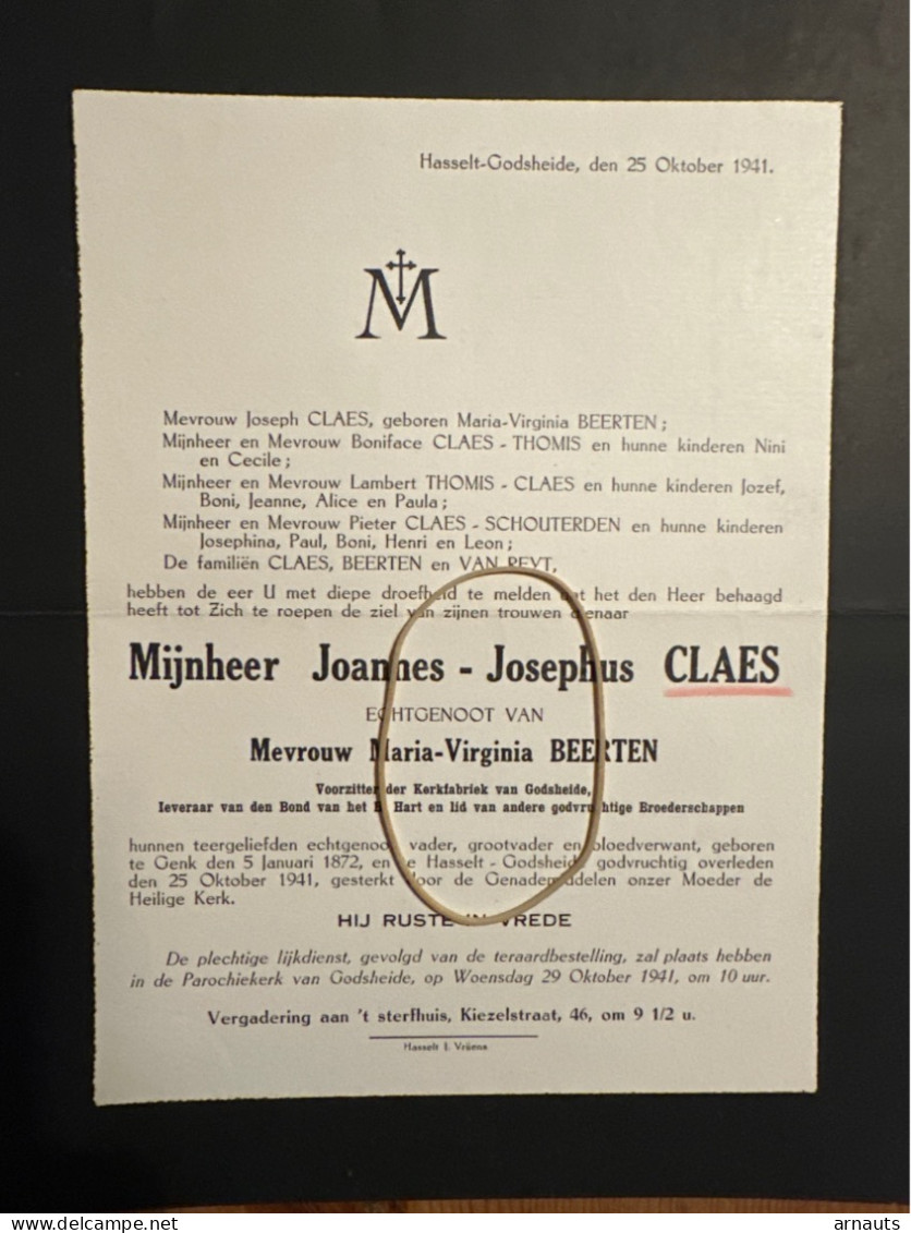 Mr Joannes-Josephus Claes Echtg Beerten Maria-Virgenie *1872 Genk +1941 Hasselt Godsheide Van Reyt Thomis Schouterden - Avvisi Di Necrologio